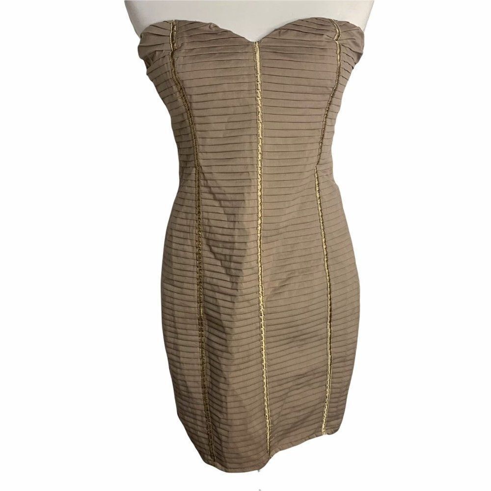 Vintage Bebe Pleated Lace Up Corset Mini Dress M Taupe Adjustable Straps NEW
